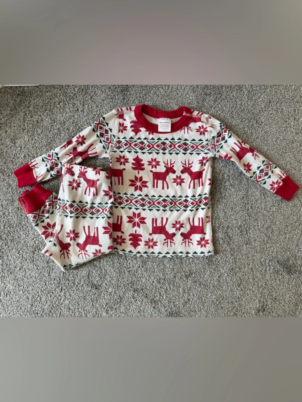 Hanna Andersson Long John Pajama Set in Dear Deer Red White Fair Isle Size 2